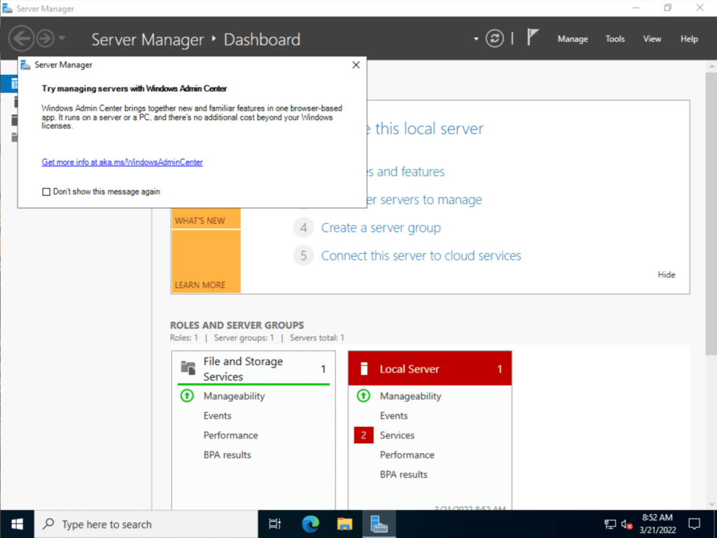 First screen after logging into Windows Server 2022