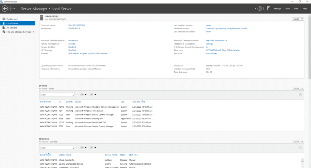 The 'Local Server' Dashboard in Server Manager