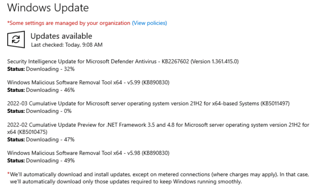 Windows Update in the process of downloading and installing the latest patches and updates