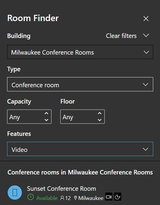 After filtering for rooms with Video capabilities, Sunset Conference Room is our pick