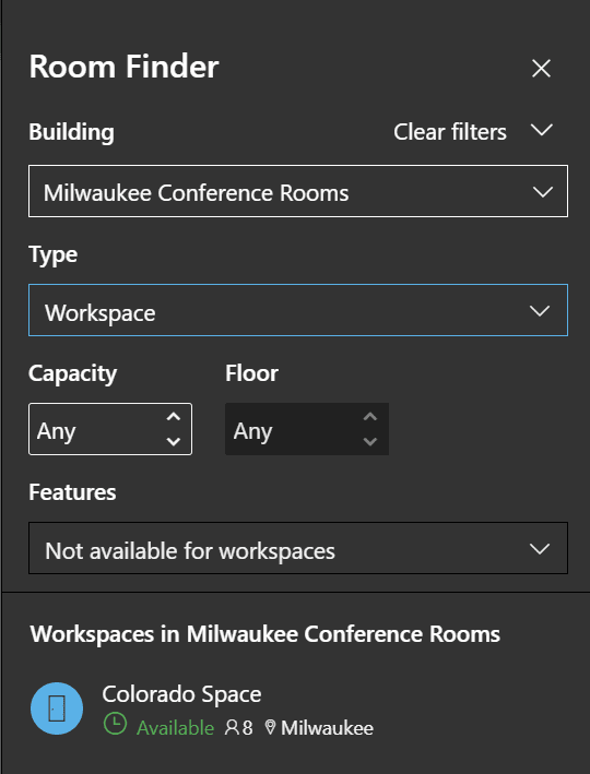 After we change the type to workspace, we can choose our "Colorado Space" workspace in Milwaukee
