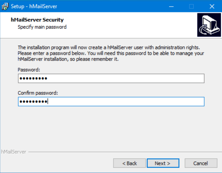 Enter a secure administrator password for the software