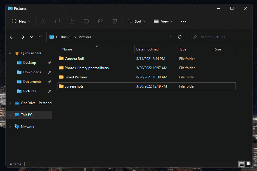 The Screenshots folder in the Pictures folder of your PC.