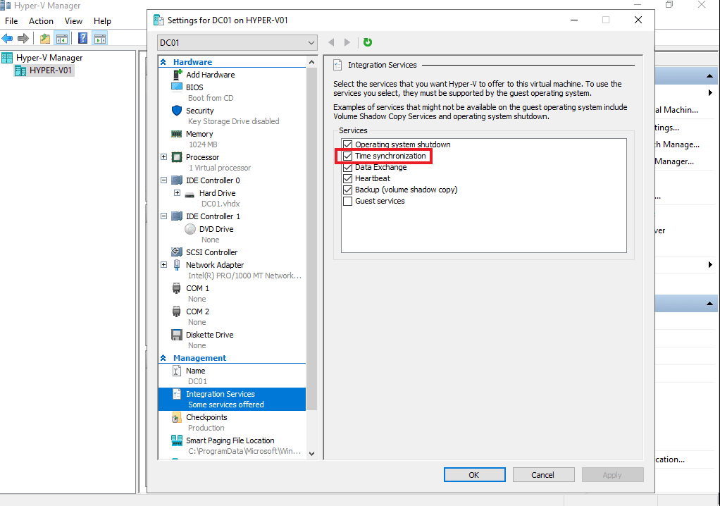 Hyper-V Time synchronization settings