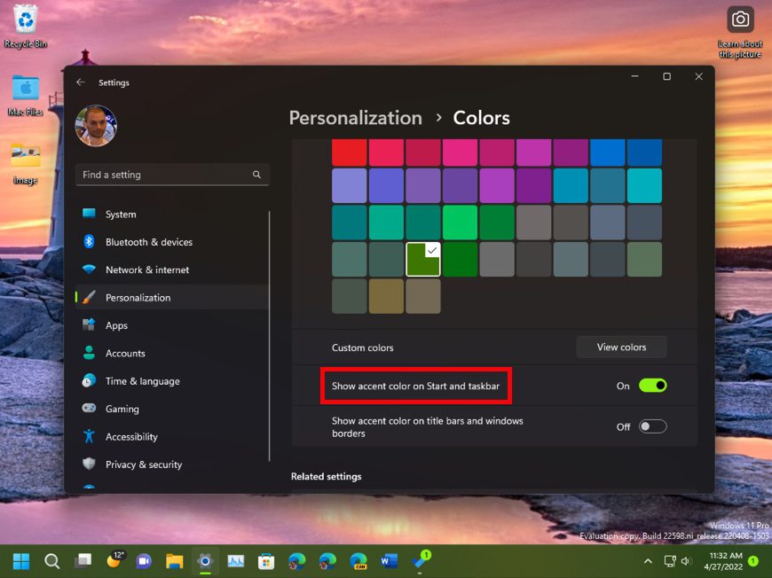 You can show your accent color on your Start menu and taskbar