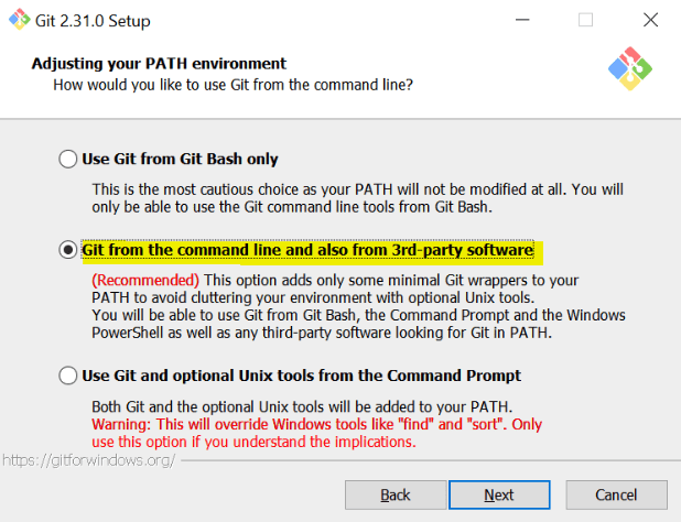 select the Git from the command line and also from 3rd party software option.