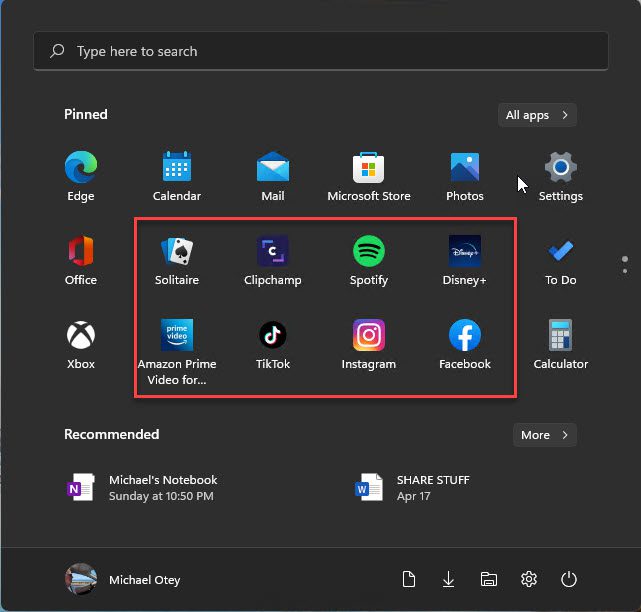 The default Windows 11 Start menu