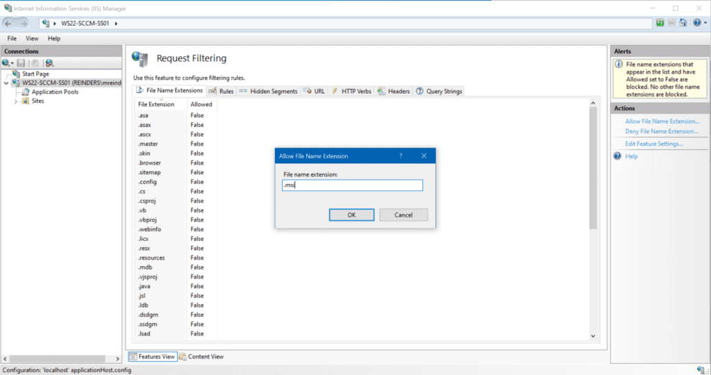 Allowing .msi extensions in IIS Manager's 'Request Filtering' menu