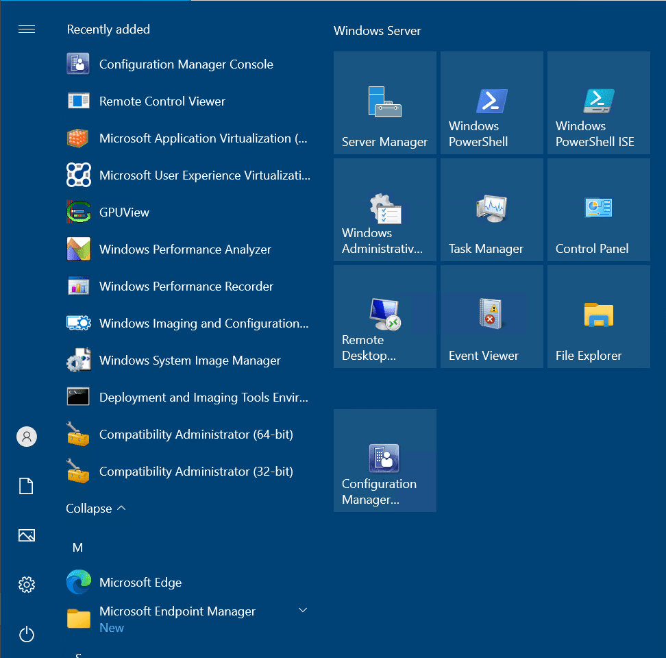 Server Manager and other programs now appear in the Windows Start Menu