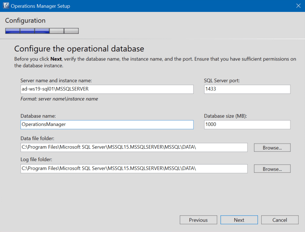 Type in the SQL server name and confirm the initial database name and size