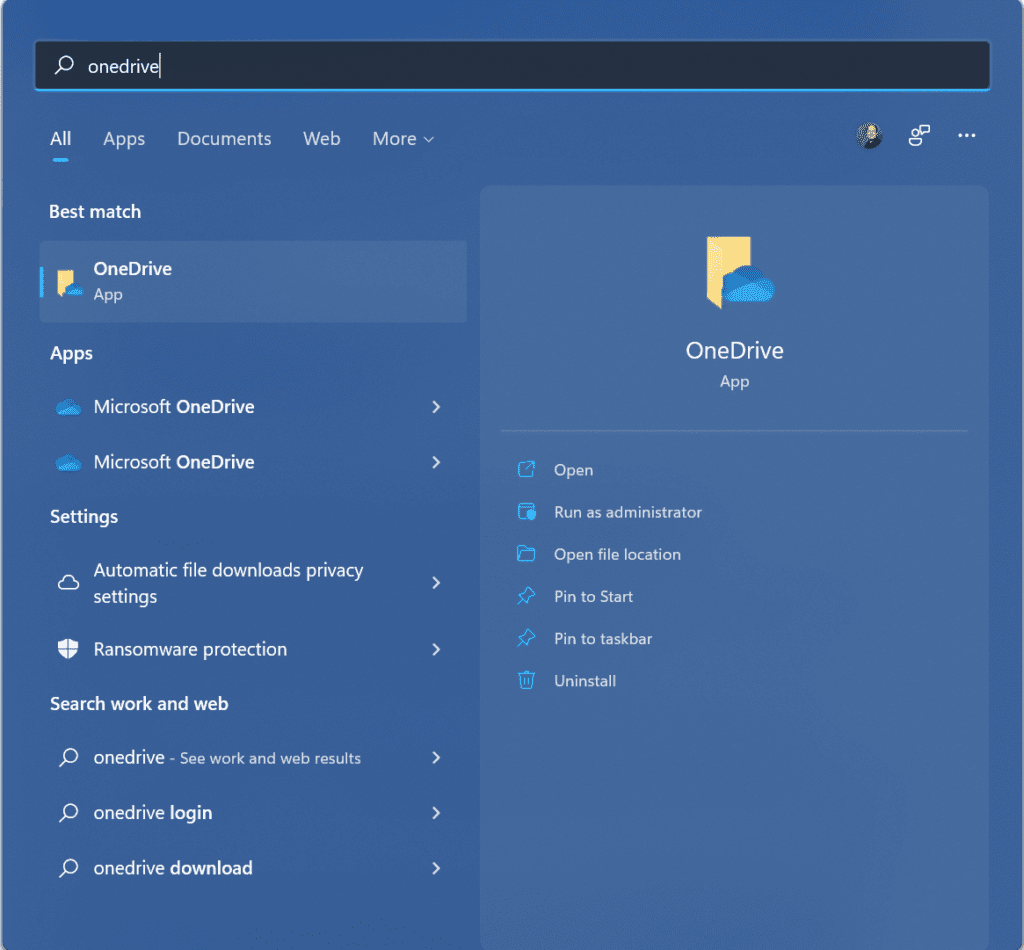 Searching for and launching the OneDrive app from the Start Menu