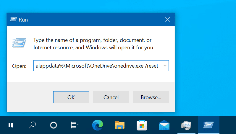 Using the Run dialog window to reset OneDrive