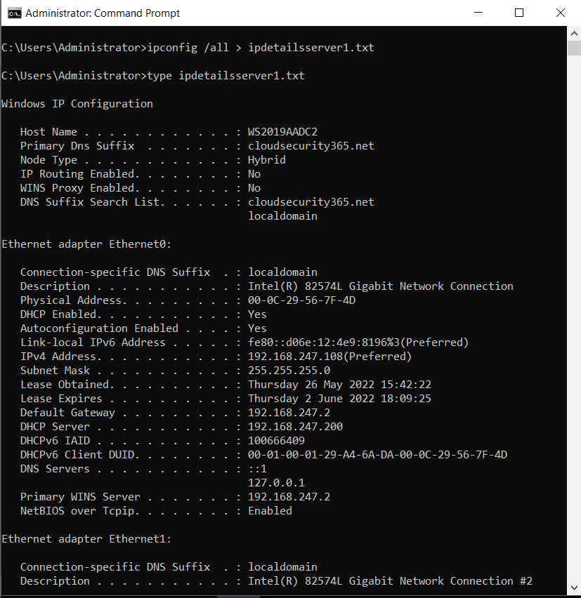 we see the export command as well as the content of the ipdetailsserver1.txt file