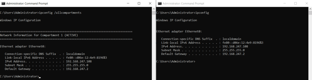 comparison of the outputs of ipconfig and ipconfig /allcompartments