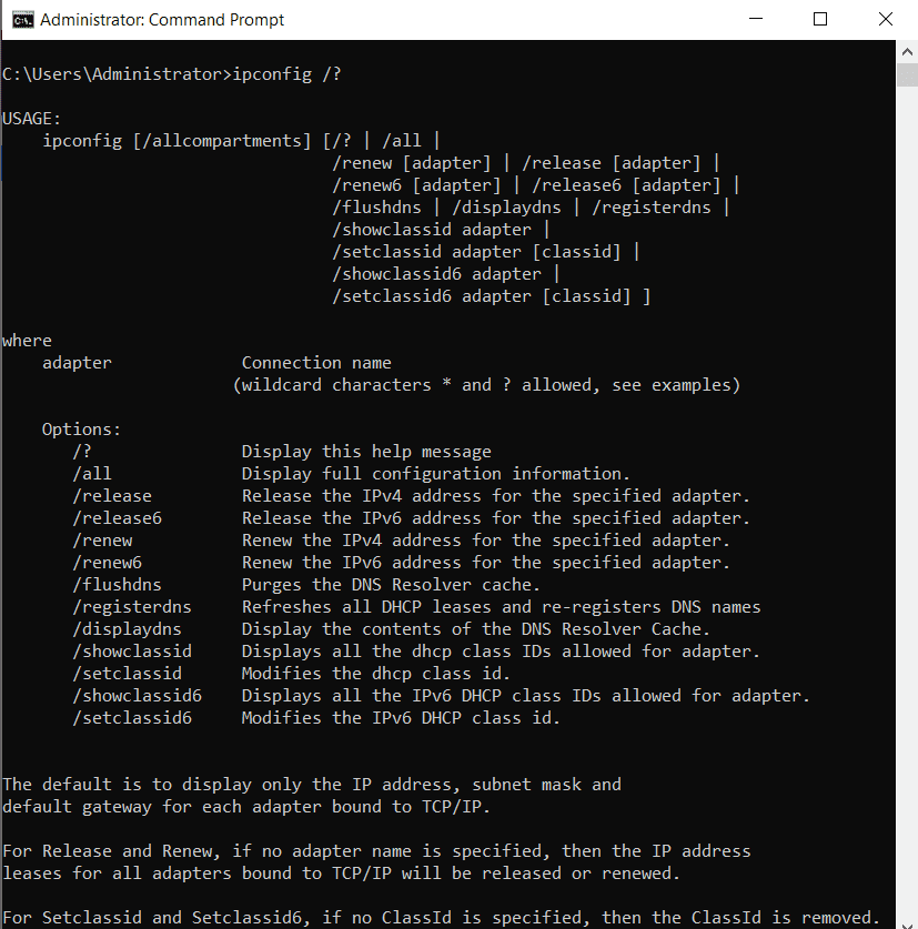 The /? parameter displays all available commands and tips