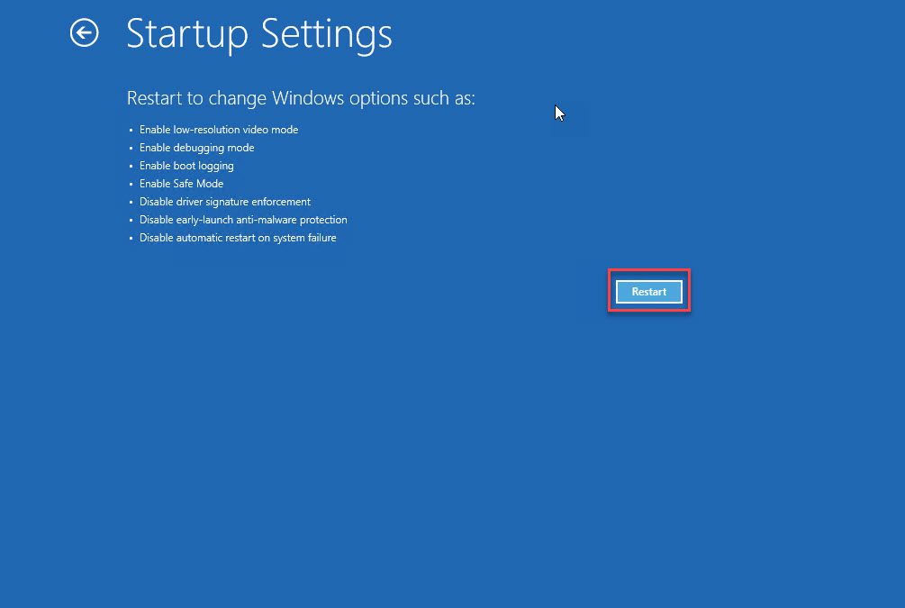 We click Restart to change Windows startup settings