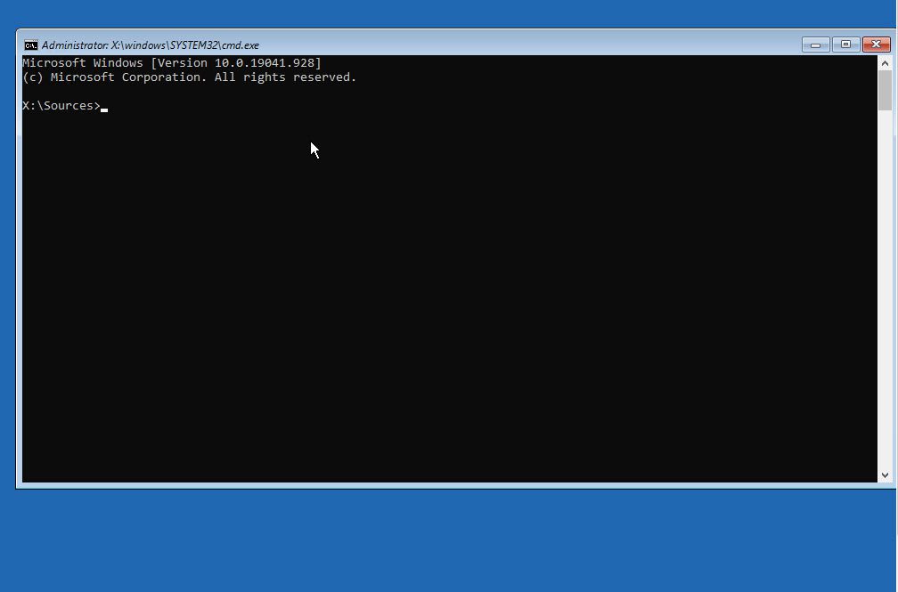 We opened a Command prompt window after booting from installation media