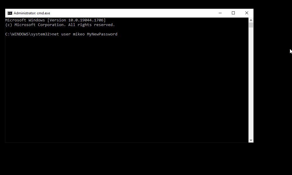 To change our password, we use the net user tool in Command Prompt