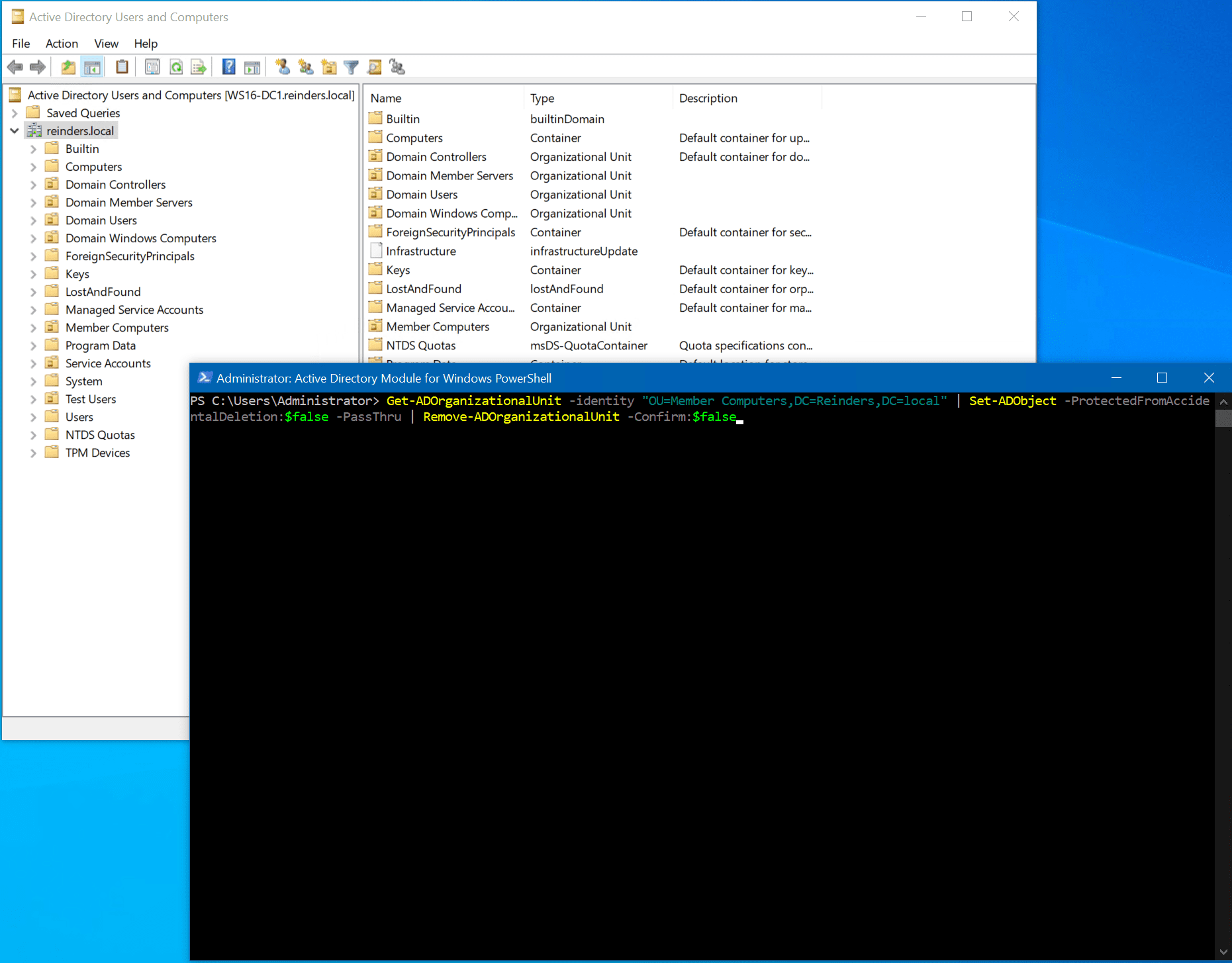 We use 3 PowerShell commands to delete the 'Member Computers' OU.