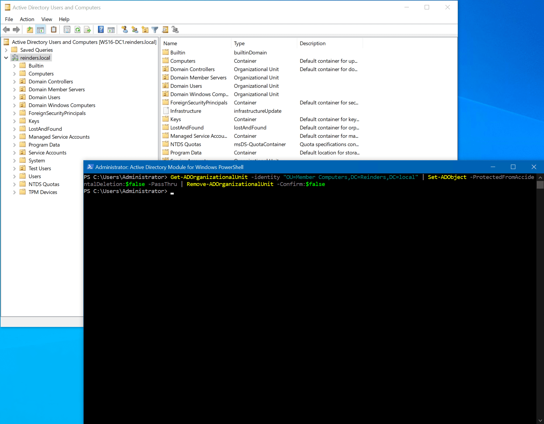 We've now deleted the 'Member Computers' OU with our PowerShell commands