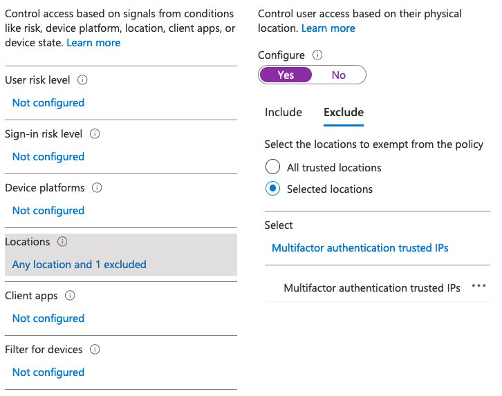 Conditional Access policy for blocking access from all locations except a trusted location