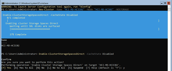We use a command to enable the Storage Spaces Direct feature and disable the cache