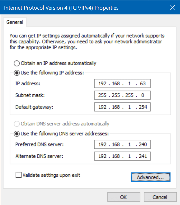 We specify the IP Address documented for my lab plus the the Subnet mask and Default gateway