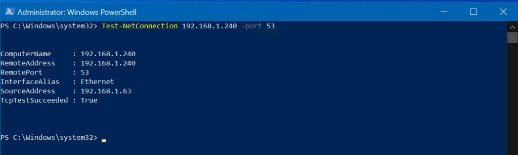 Verifying the DNS query TCP/IP port (53) is open on my first DC/DNS Server