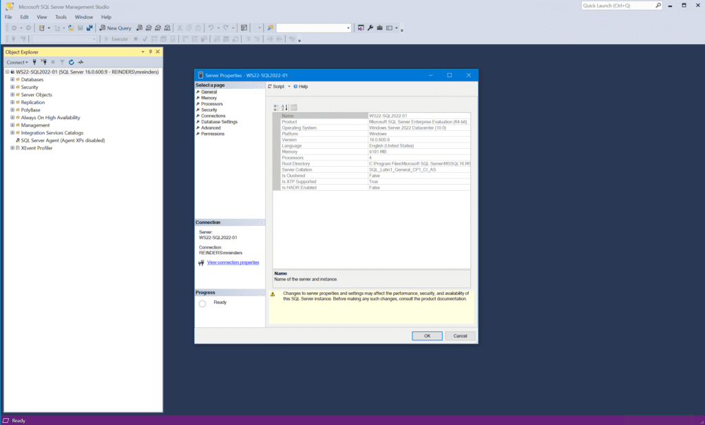 The Properties window in SQL Server 2022