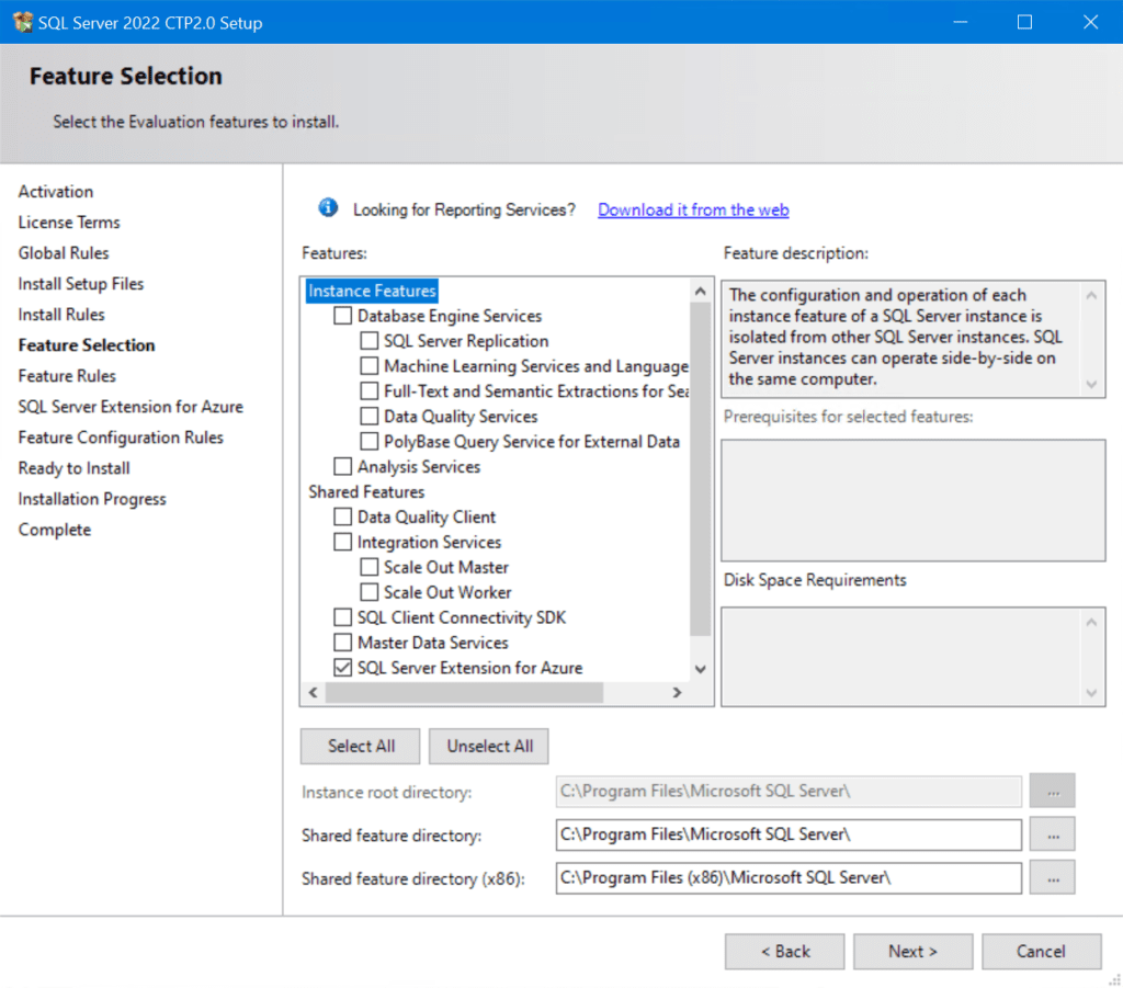 We select Database Engine Services on the Feature Selection screen