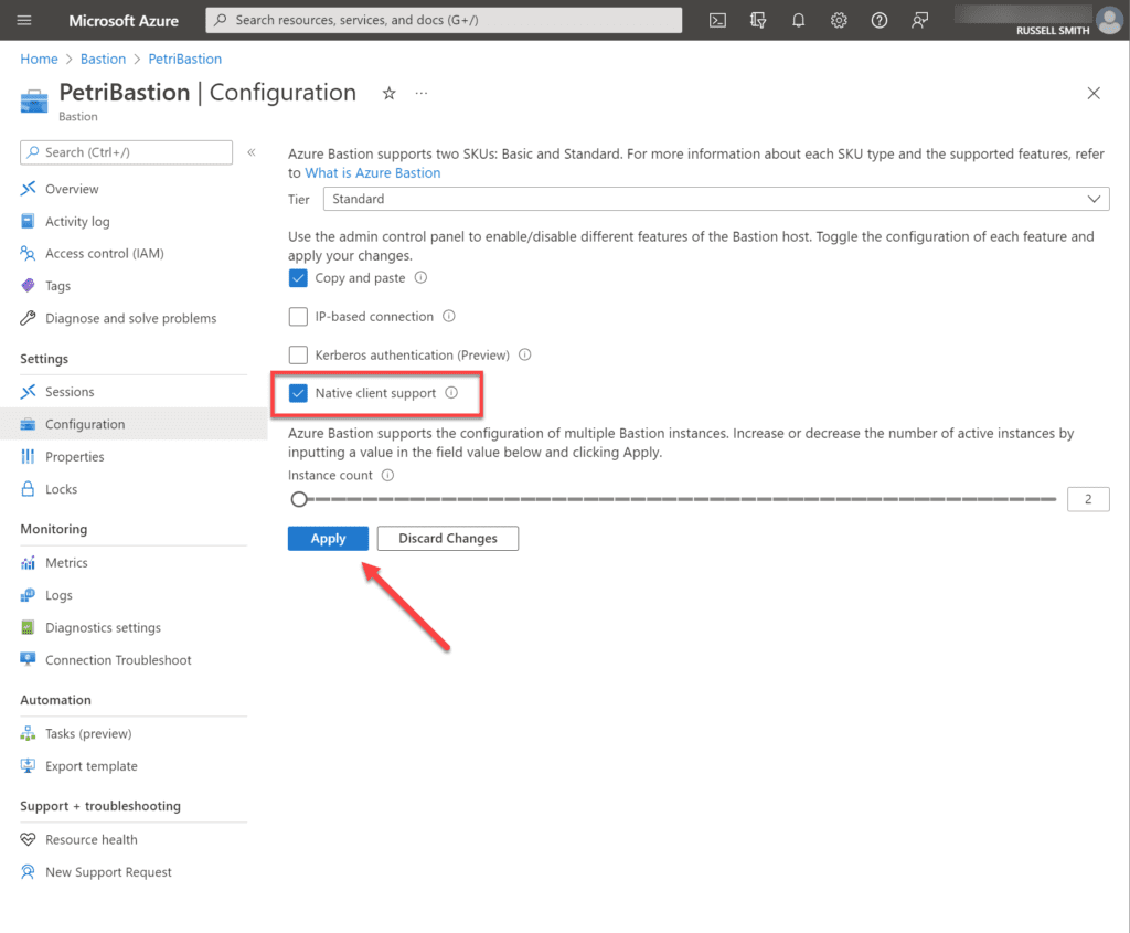 Enable Azure Bastion native client support in the Portal