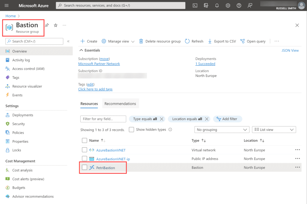 Get the resource group name and Azure Bastion name in the Portal.