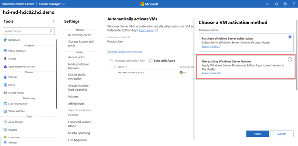 You can configure licensing options within the Windows Admin Center