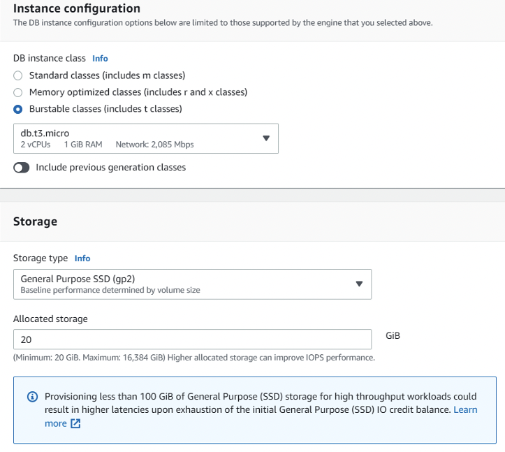 We choose a db.t3.micro instance for our AWS MySQL database