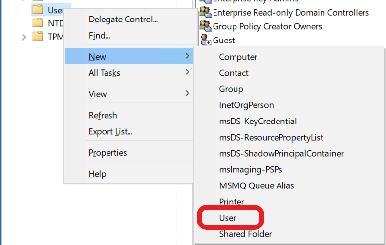 Adding a new user after selecting the container or OU in Active Directory Users And Computers