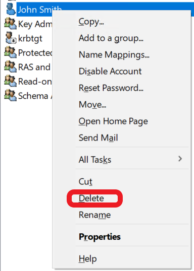 Delete user accounts in Active Directory Users And Computers
