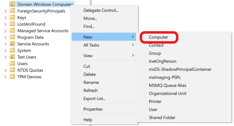 Adding a new computer account in Active Directory Users And Computers