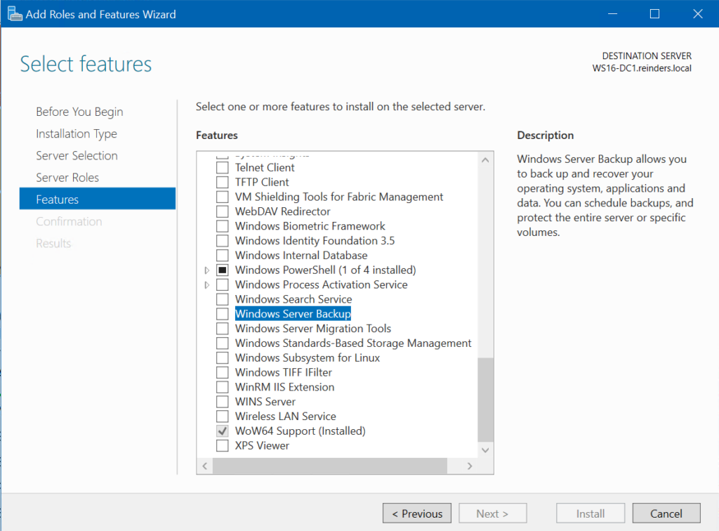 Locate 'Windows Server Backup' in the list of Roles and Features and check it