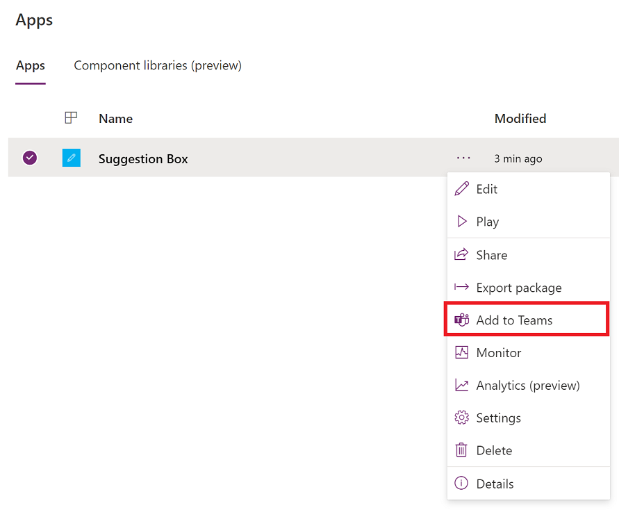 You can now embed an existing app created using Power Apps into Microsoft Teams