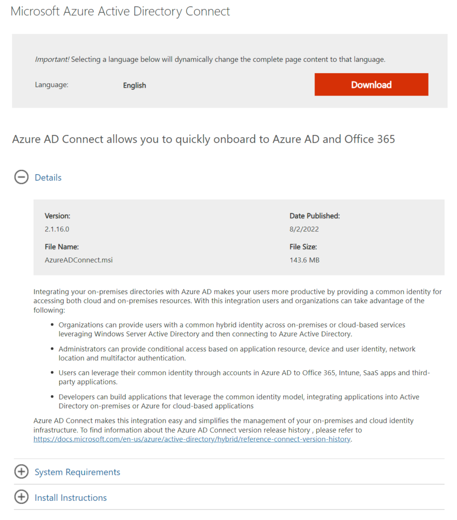 Downloading the latest version of Azure AD Connect from Microsoft's Download Center