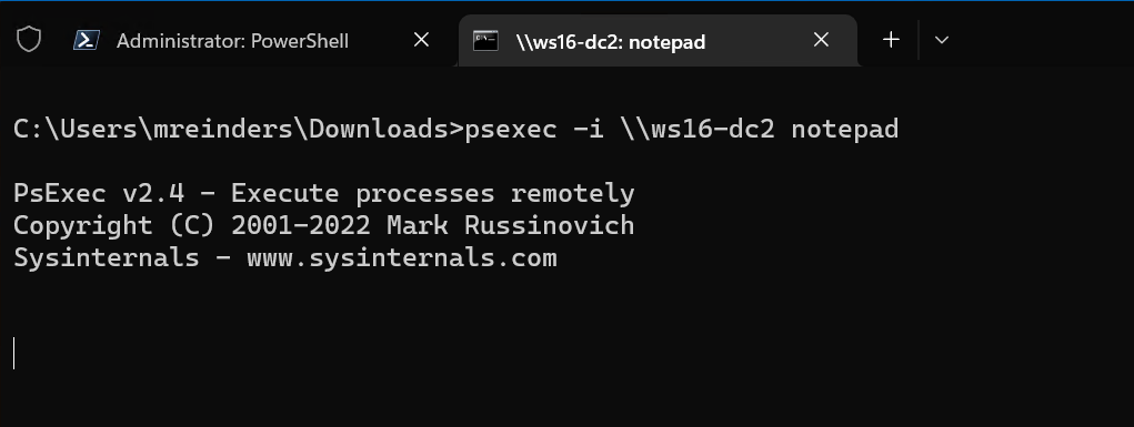 Running Notepad on the remote machine with PsExec