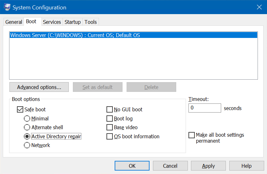 Choosing to boot to repair Active Directory