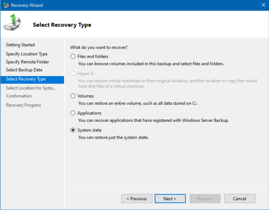We're choosing the System state restore option