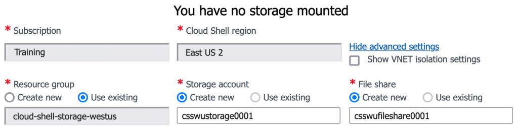 You'll need to create a storage account to use Azure Cloud Shell