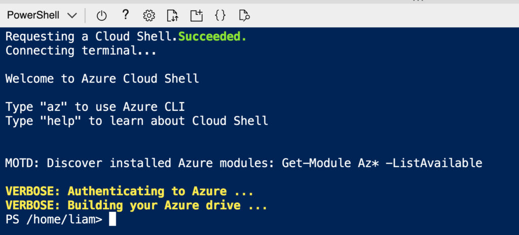 We connect to Azure Cloud Shell using PowerShell