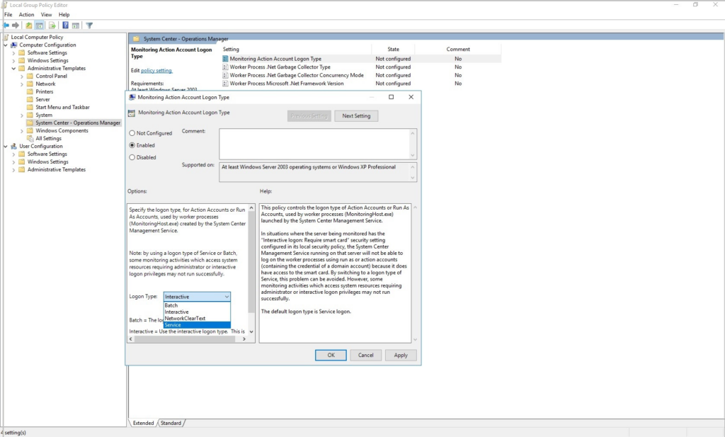 Local Computer Policy showing Logon Type options