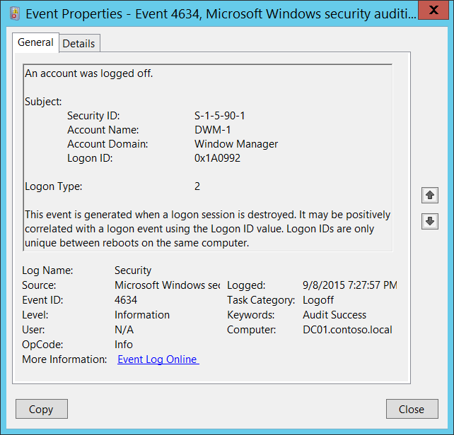 An Event ID in the Security log showing a 'logoff' event