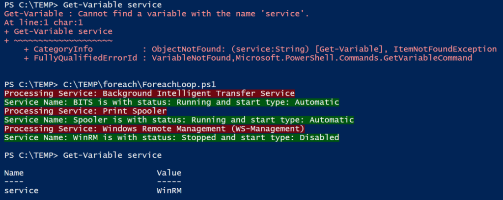 the variable containing the currently processed item in the collection remains available once the PowerShell Foreach loop completes