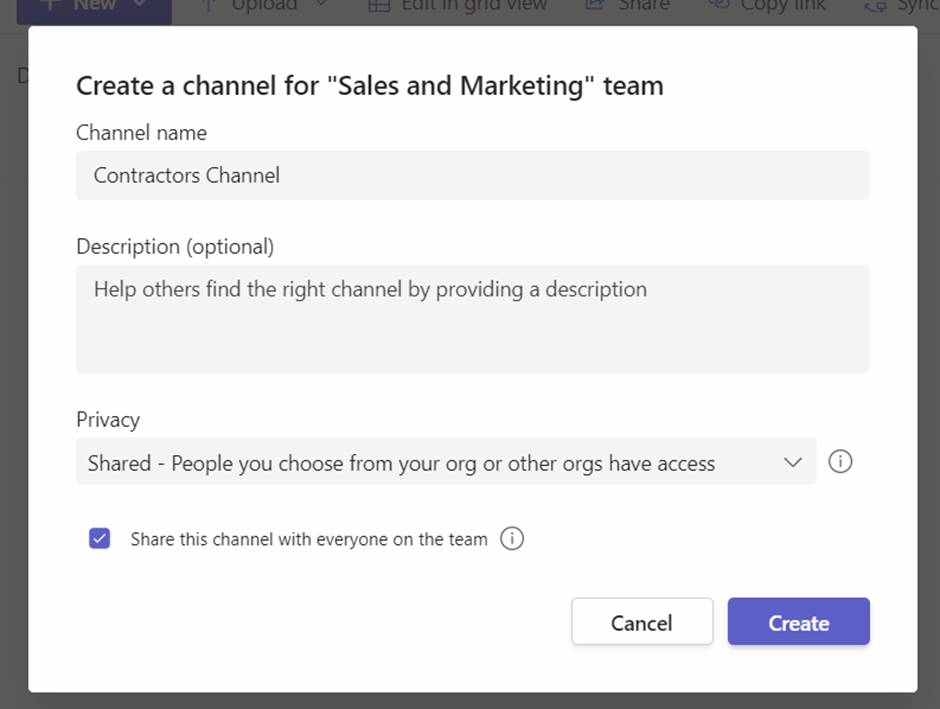Adding a new shared channel in Microsoft Teams