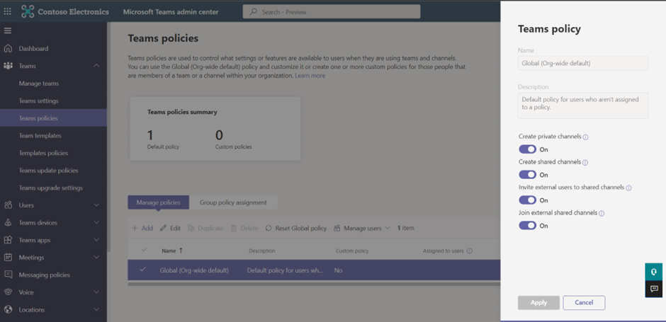 Global Teams Policy to turn on Shared Channels in Teams Admin Centrer